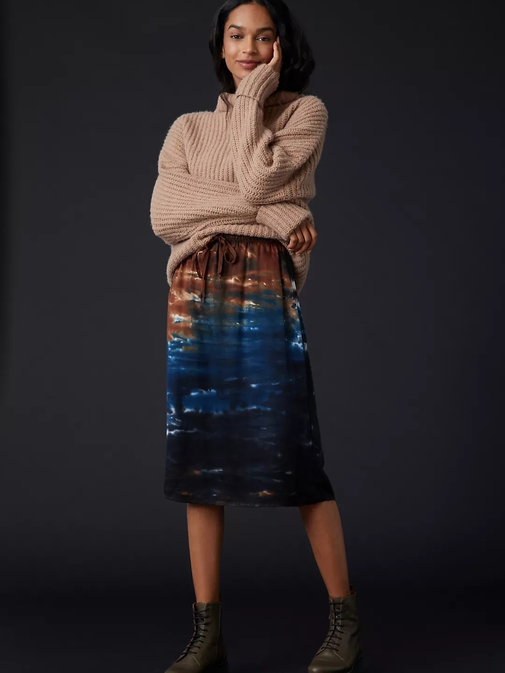 cloth & stone Brown and Blue Ombre Tie-Dye Midi Skirt